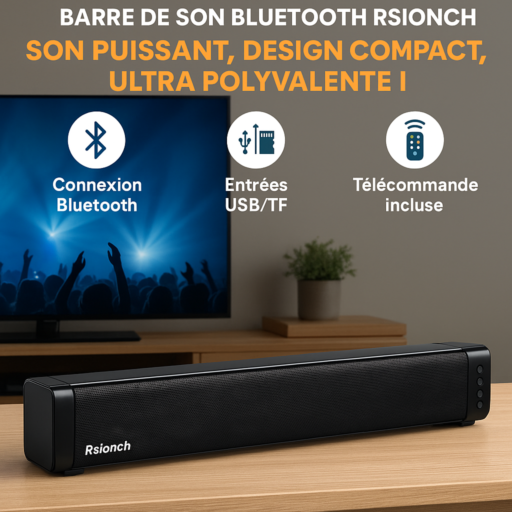 đ Barre de Son Bluetooth Rsionch â Son Puissant, Design Compact, Ultra Polyvalente !
đ„ Transformez votre salon, vos soirĂ©es ou vos sessions de karaokĂ© avec cette barre de son multifonctions signĂ©e Rsionch. Compacte mais puissante, elle offre une expĂ©ri