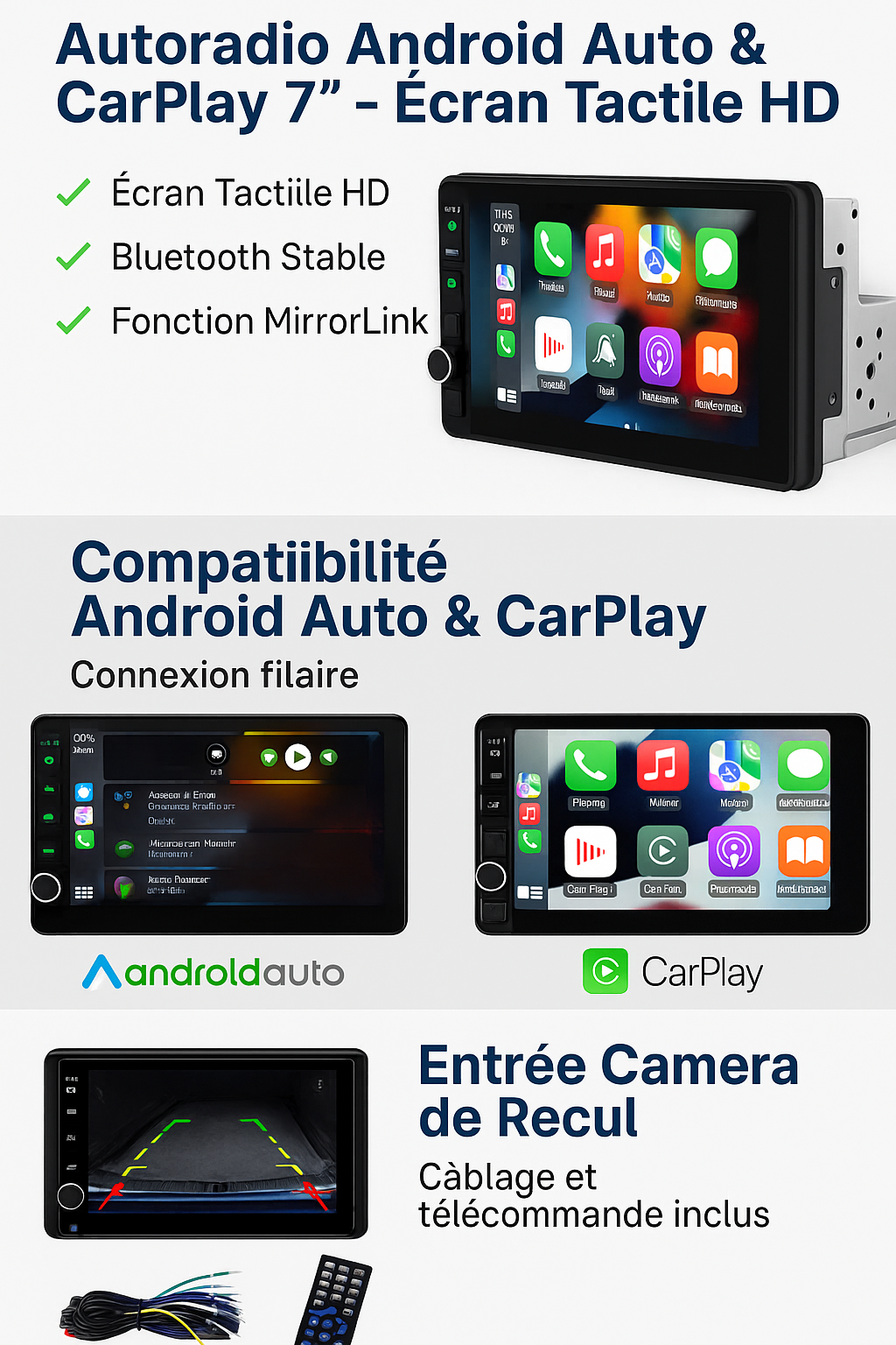 7“ Car Radio 1 Din Carplay Android Auto Multimedia Player HD Touch Screen FM AUX Input Bluetooth MirrorLink Universal Autoradio